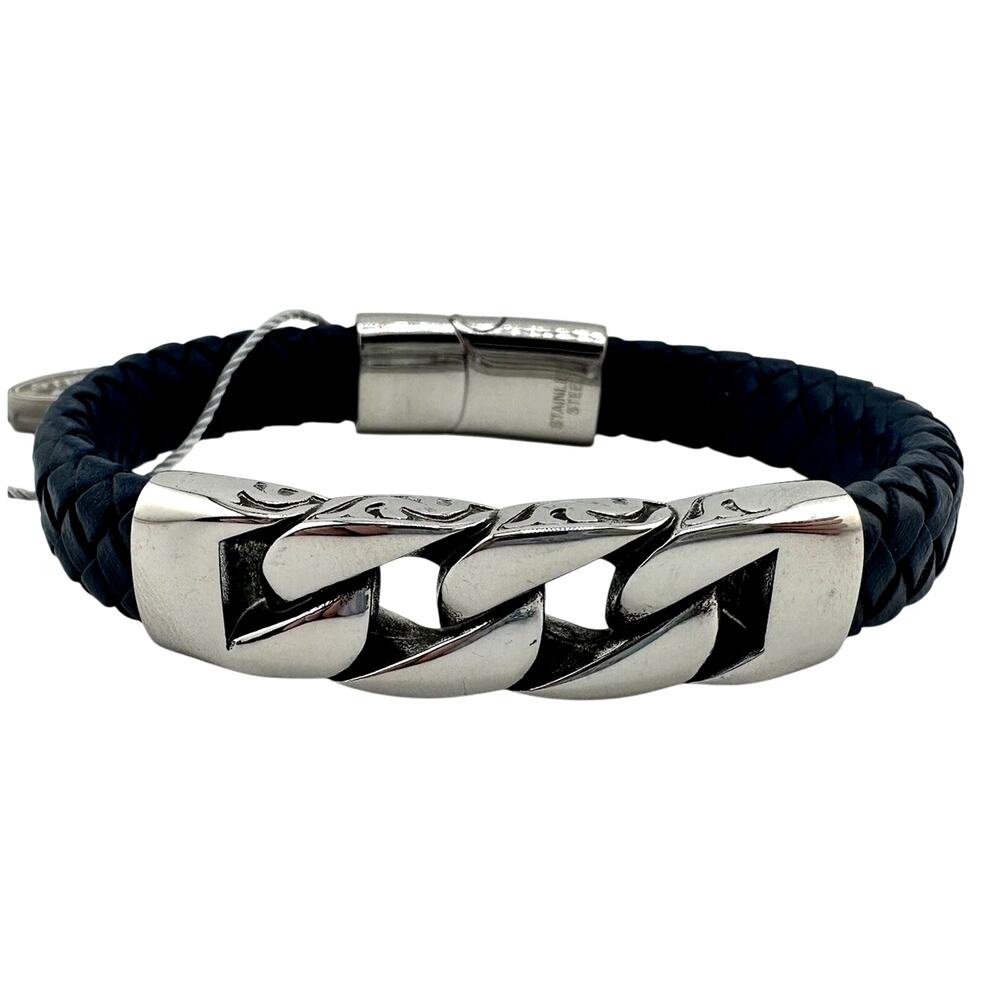 NWT Steel Time Stainless Steel Curb Link Braid Blue Leather Unisex 7.5” Bracelet
